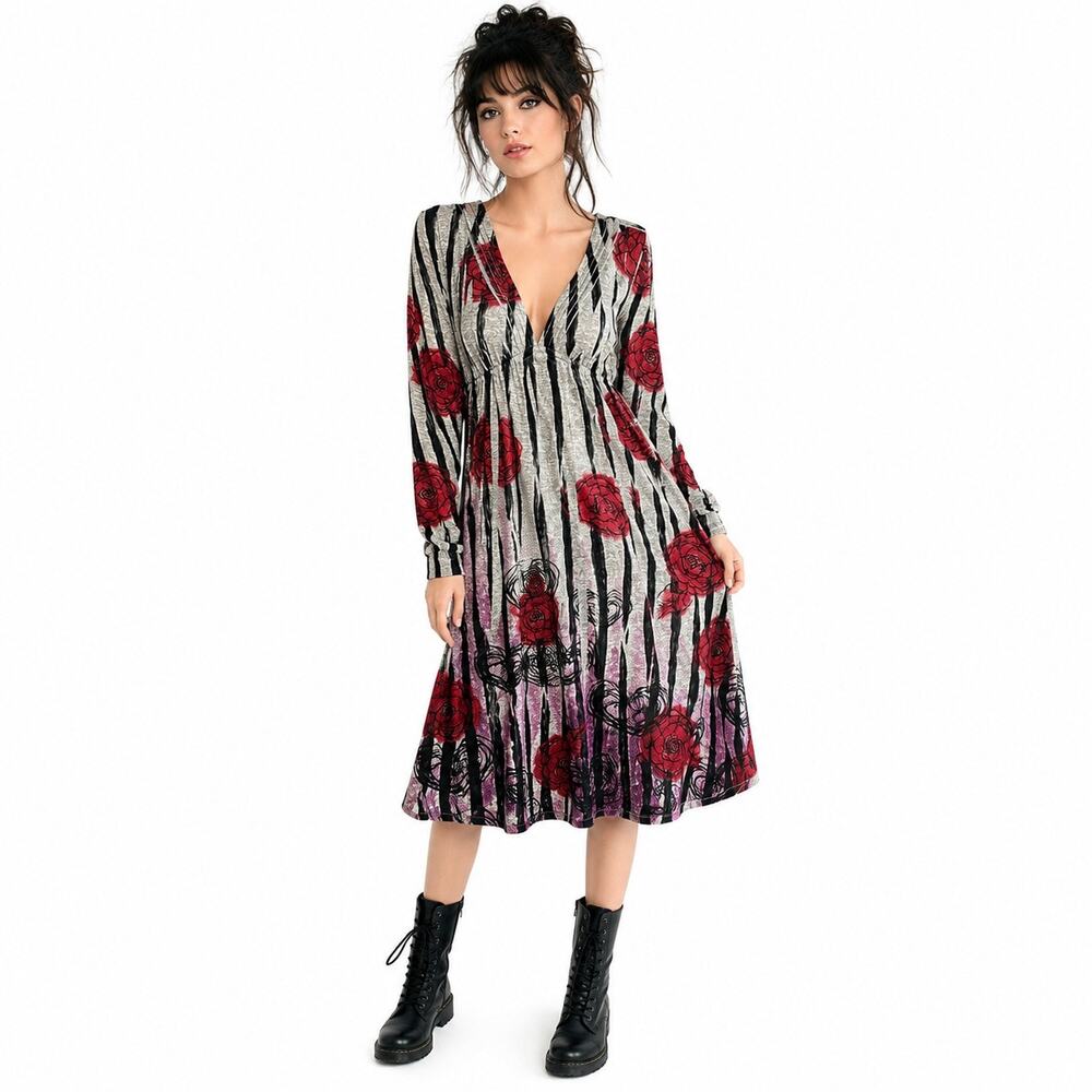 Cocomo Milkmaid Rose Print Midi Dress Large NWT Dark Coquette Grunge Fairy